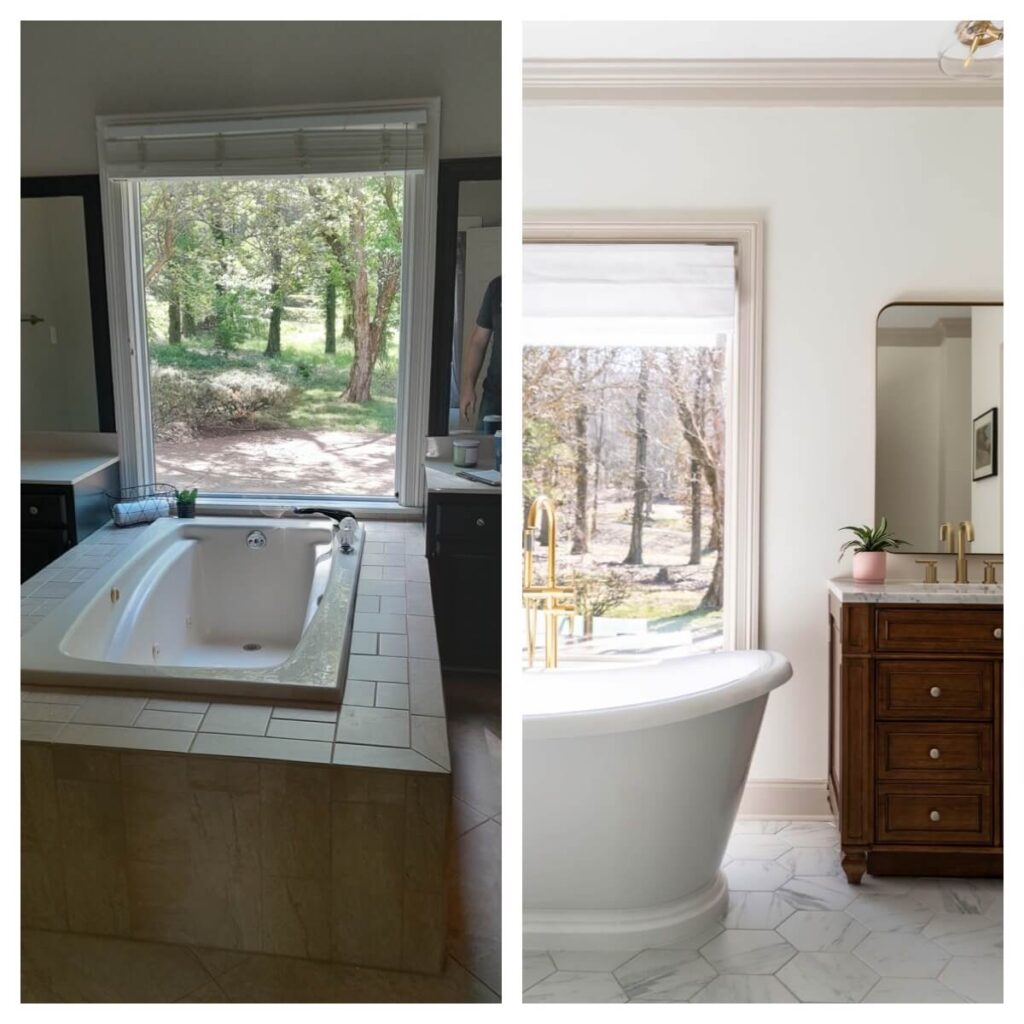 A before and after side by side view of the primary bathroom, replacing the built-in tub with a freestanding tub.