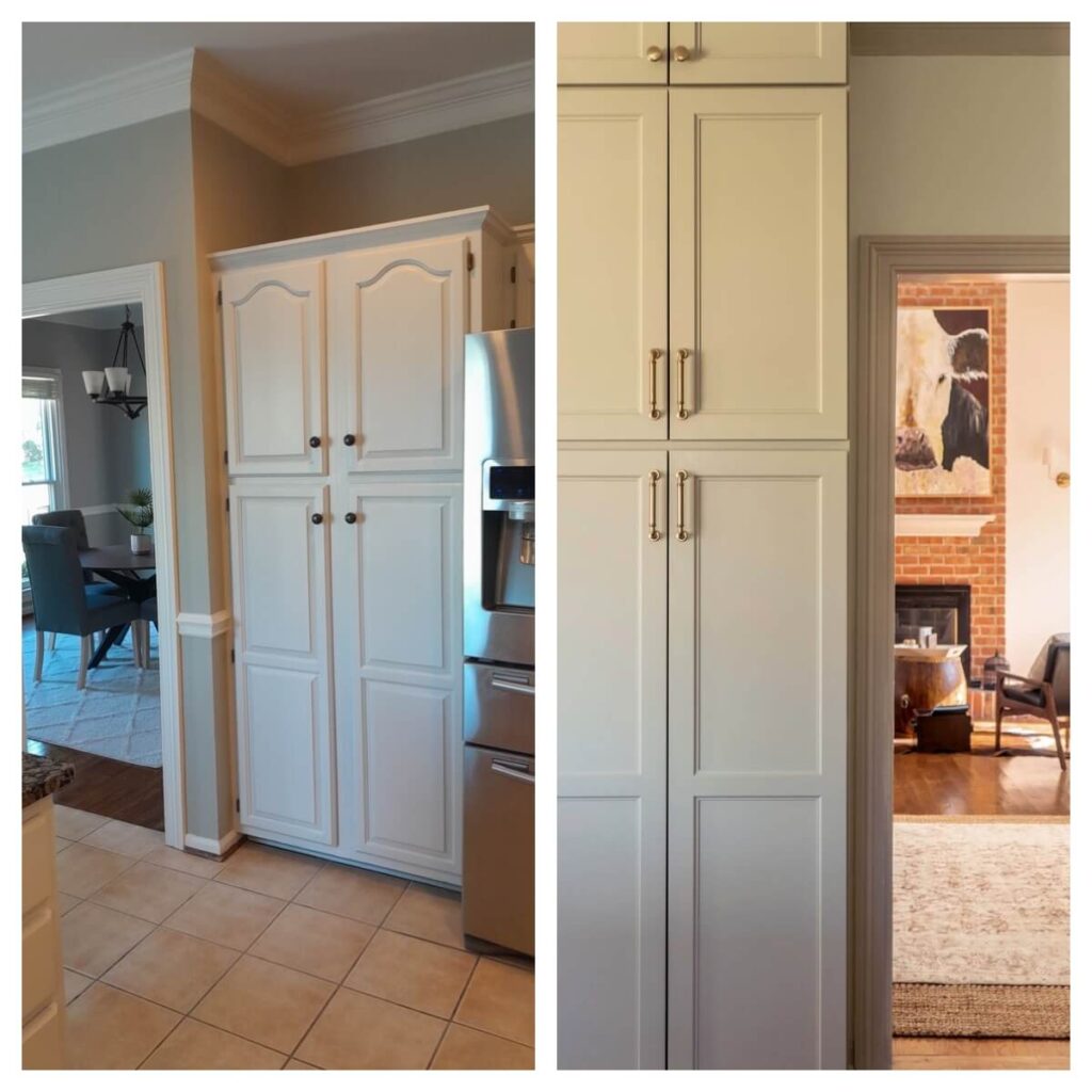 A side by side comparison of before and after this luxury home design kitchen renovation, with the kitchen cabinets.