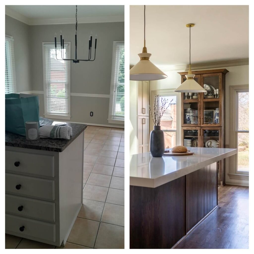 Before and after renovation view of the custom kitchen with a peninsula before and large island after.