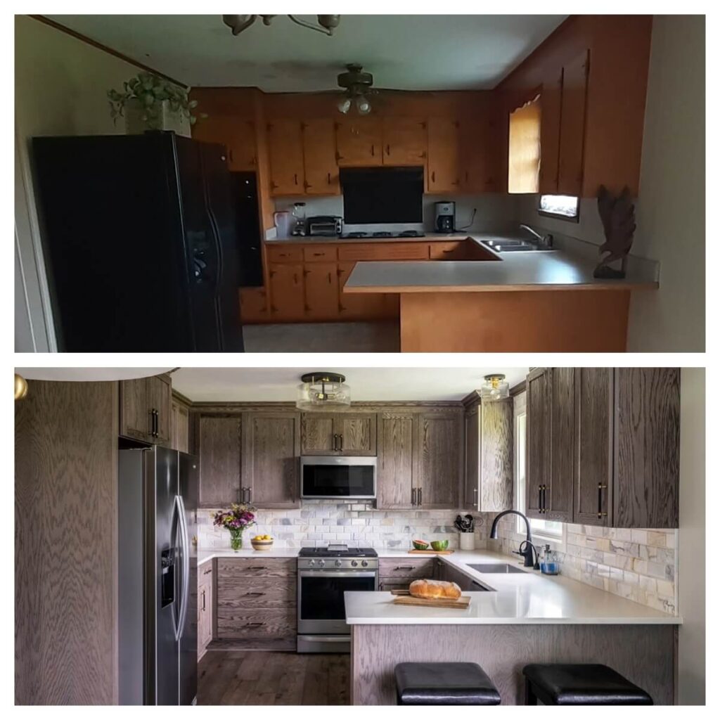 A before and after picture of a kitchen, with natural finished cabinets and white coutnertops.